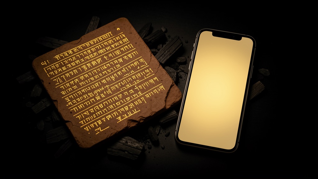 A clay tablet with glowing gold cuneiform beside a modern smartphone on a dark surface