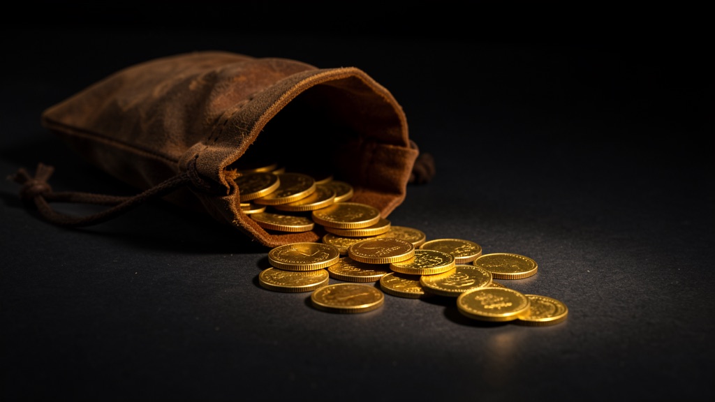 A leather pouch spilling gold coins on a dark surface, one coin set apart from the rest