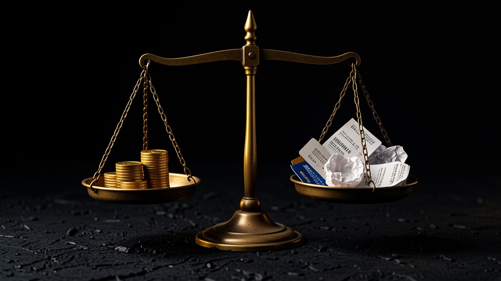 An ancient bronze balance scale, gold coins on one pan, crumpled receipts and cards on the other, nearly level