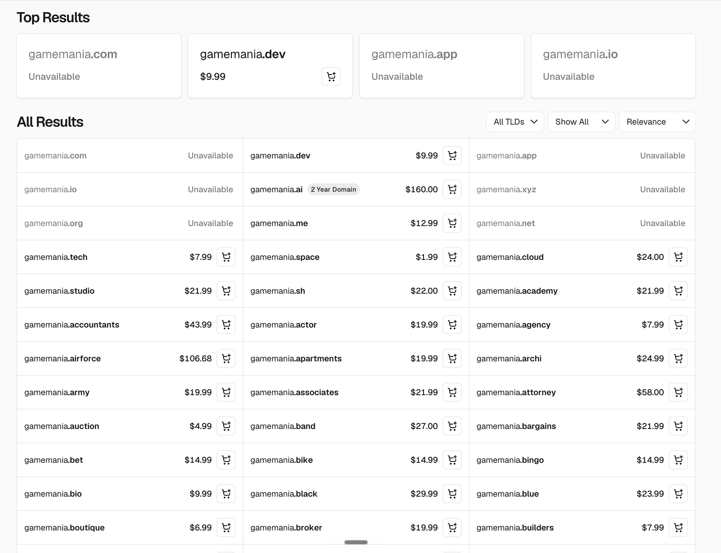 Domain name search results for gamemania — .com unavailable, .dev $9.99
