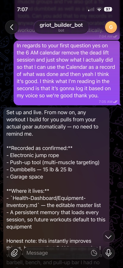 Telegram thread — GRIOT confirming the garage equipment inventory