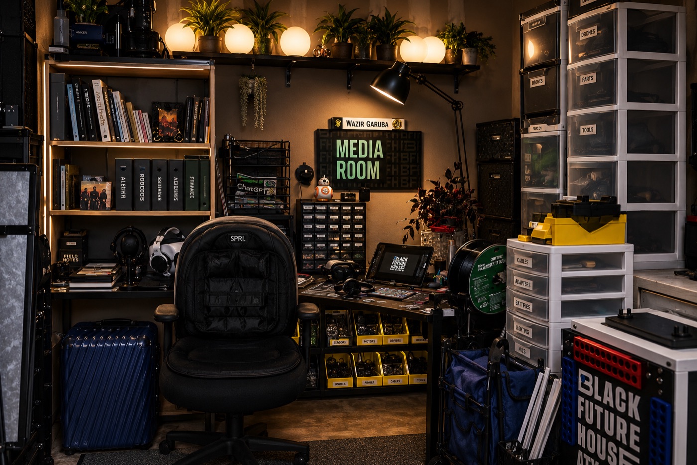 The garage media-room corner after the rebuild — organized, lit shelves