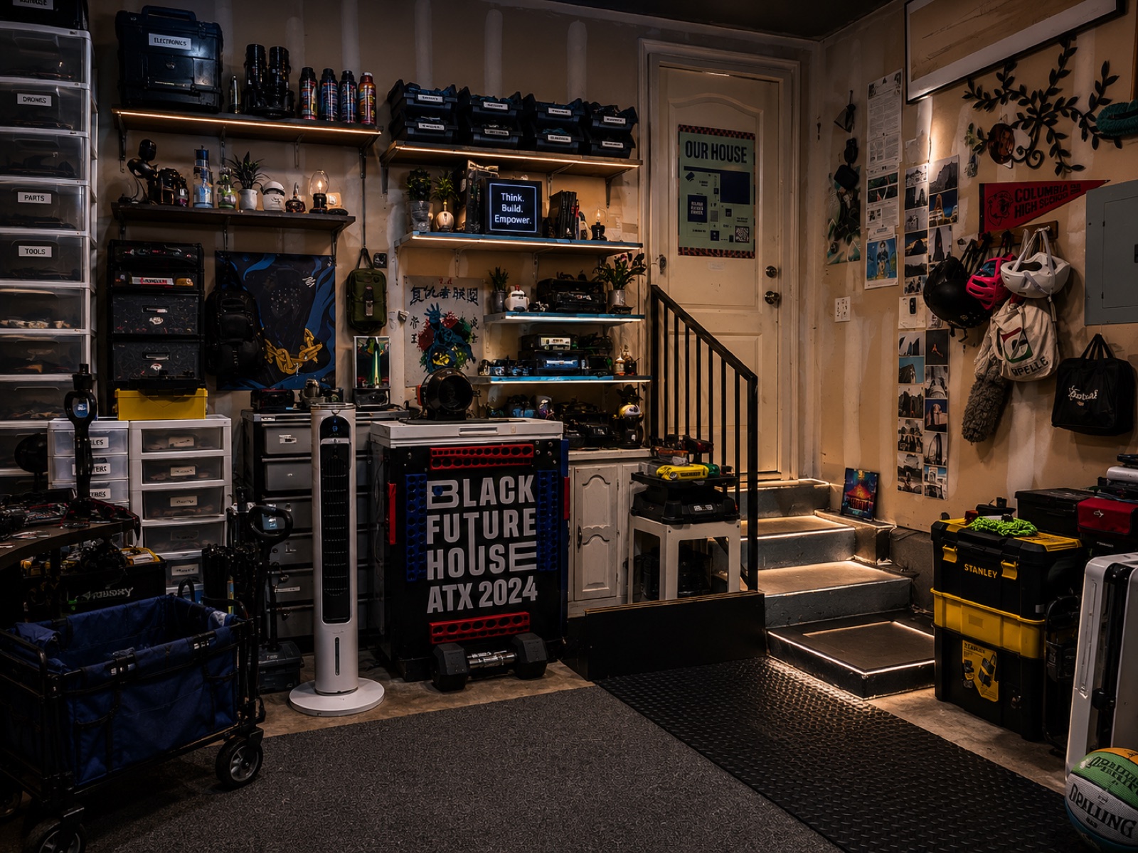 Loaded dumbbell lunges in the rebuilt garage