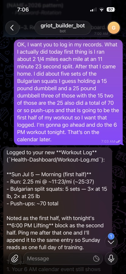 Telegram thread — dictating the morning workout and GRIOT logging it to Workout-Log.md