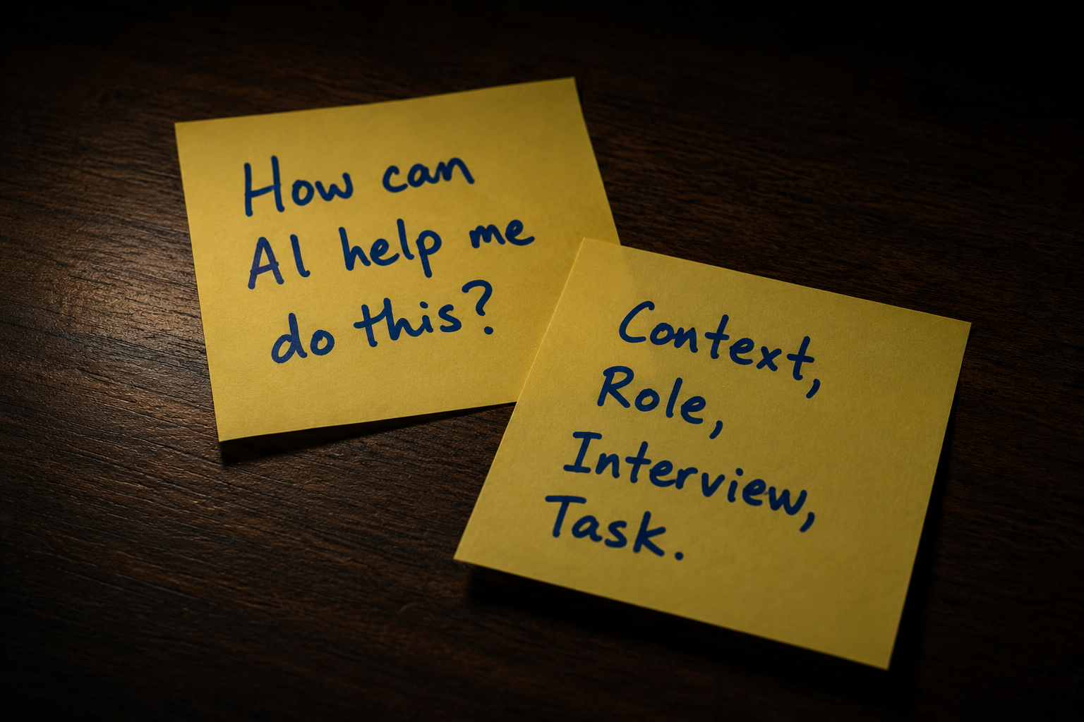 Two sticky notes on a dark wood desk, blue Sharpie handwriting: 'How can AI help me do this?' and 'Context, Role, Interview, Task.'