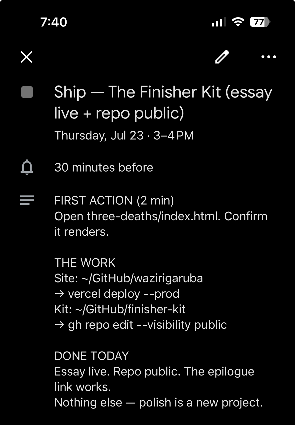 A Google Calendar event titled Ship — The Finisher Kit, its description holding three labeled sections: first action, where the work lives, and what done today means